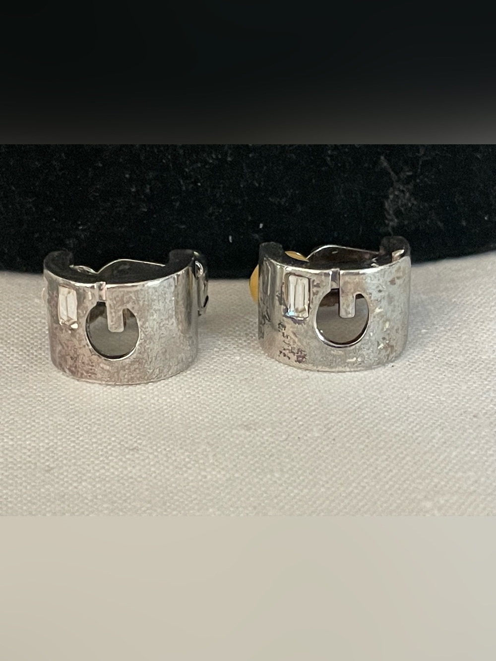 Vtg Givenchy Geometric G Logo Clip On Hoop Chunky Earrings Baguette Crystal